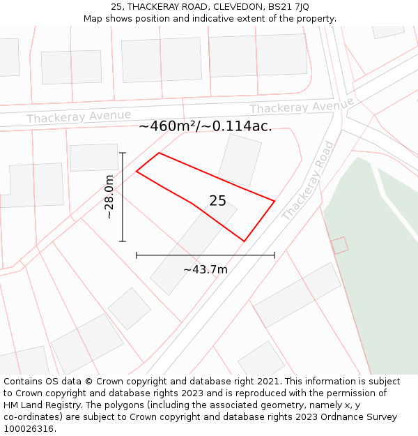 25, THACKERAY ROAD, CLEVEDON, BS21 7JQ: Plot and title map