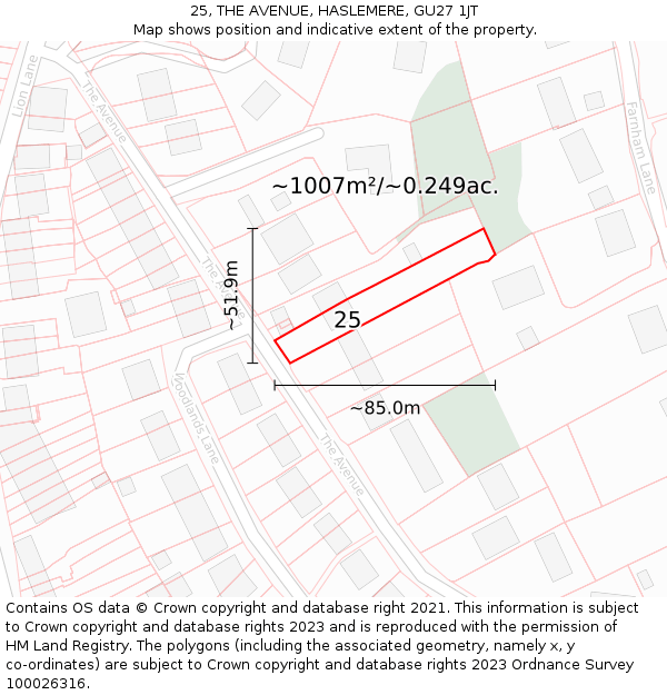 25, THE AVENUE, HASLEMERE, GU27 1JT: Plot and title map