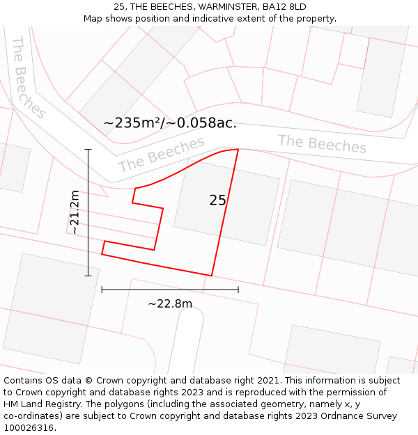 25, THE BEECHES, WARMINSTER, BA12 8LD: Plot and title map