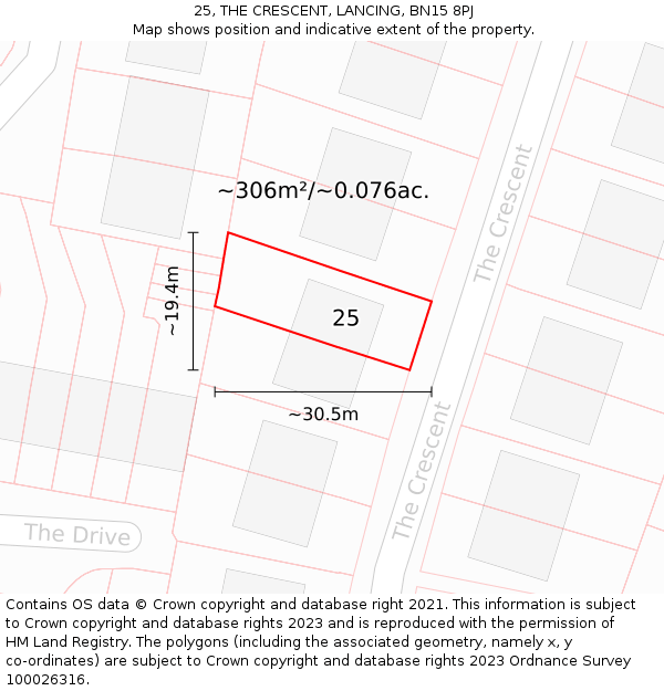 25, THE CRESCENT, LANCING, BN15 8PJ: Plot and title map