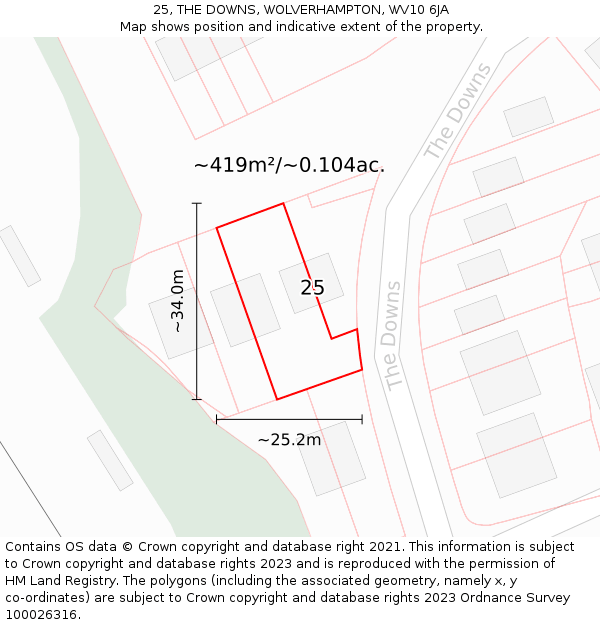 25, THE DOWNS, WOLVERHAMPTON, WV10 6JA: Plot and title map
