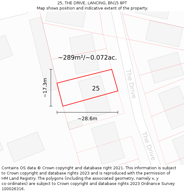 25, THE DRIVE, LANCING, BN15 8PT: Plot and title map