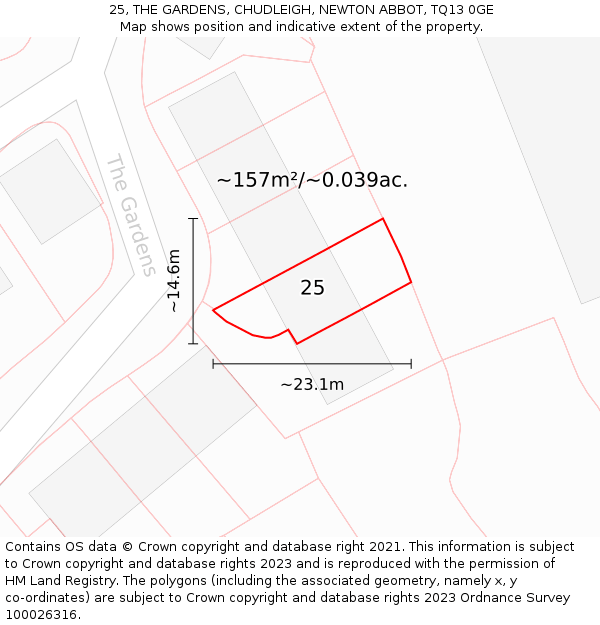 25, THE GARDENS, CHUDLEIGH, NEWTON ABBOT, TQ13 0GE: Plot and title map