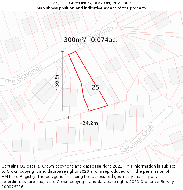 25, THE GRAYLINGS, BOSTON, PE21 8EB: Plot and title map