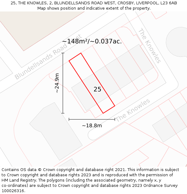25, THE KNOWLES, 2, BLUNDELLSANDS ROAD WEST, CROSBY, LIVERPOOL, L23 6AB: Plot and title map