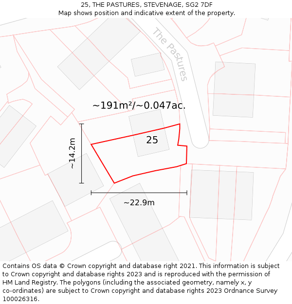 25, THE PASTURES, STEVENAGE, SG2 7DF: Plot and title map