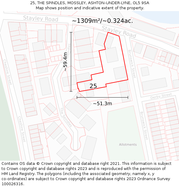 25, THE SPINDLES, MOSSLEY, ASHTON-UNDER-LYNE, OL5 9SA: Plot and title map