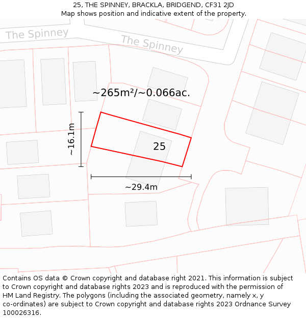 25, THE SPINNEY, BRACKLA, BRIDGEND, CF31 2JD: Plot and title map