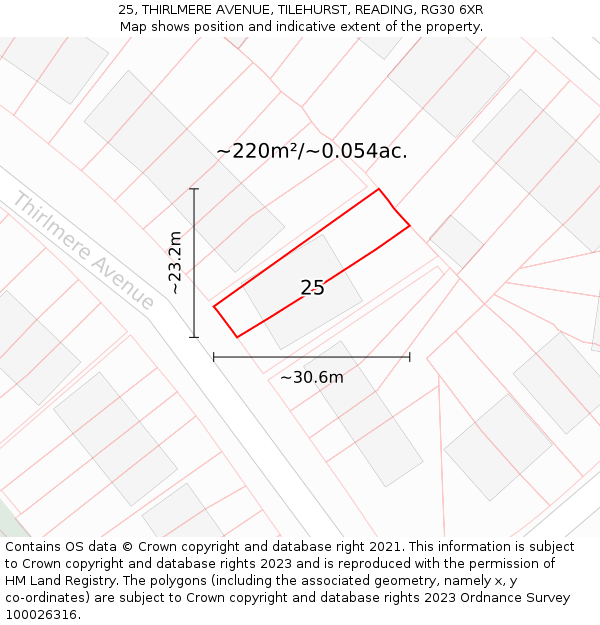 25, THIRLMERE AVENUE, TILEHURST, READING, RG30 6XR: Plot and title map