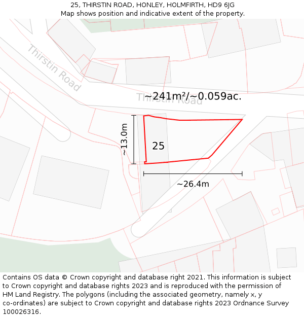 25, THIRSTIN ROAD, HONLEY, HOLMFIRTH, HD9 6JG: Plot and title map