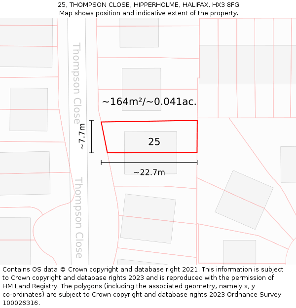 25, THOMPSON CLOSE, HIPPERHOLME, HALIFAX, HX3 8FG: Plot and title map
