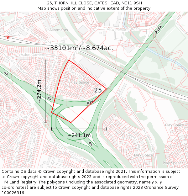 25, THORNHILL CLOSE, GATESHEAD, NE11 9SH: Plot and title map