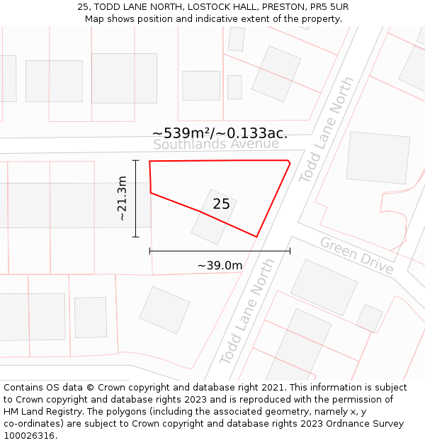25, TODD LANE NORTH, LOSTOCK HALL, PRESTON, PR5 5UR: Plot and title map