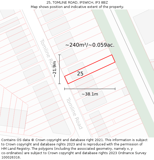 25, TOMLINE ROAD, IPSWICH, IP3 8BZ: Plot and title map