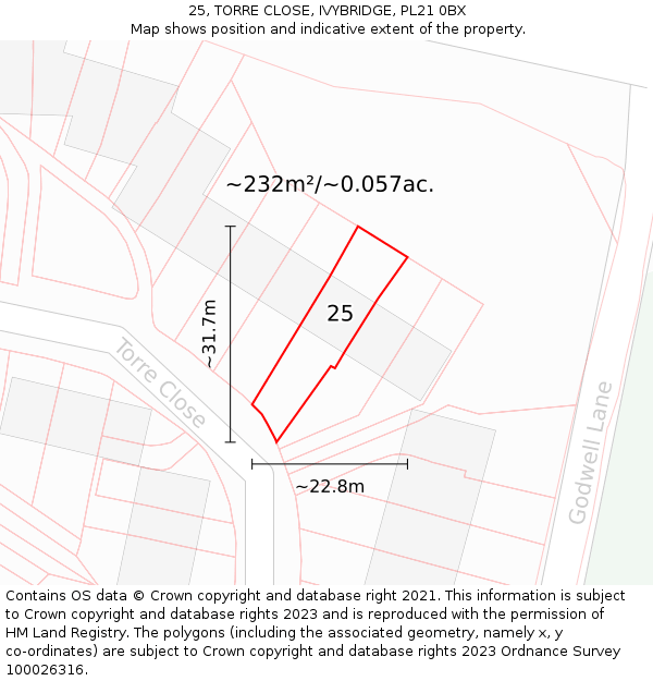 25, TORRE CLOSE, IVYBRIDGE, PL21 0BX: Plot and title map