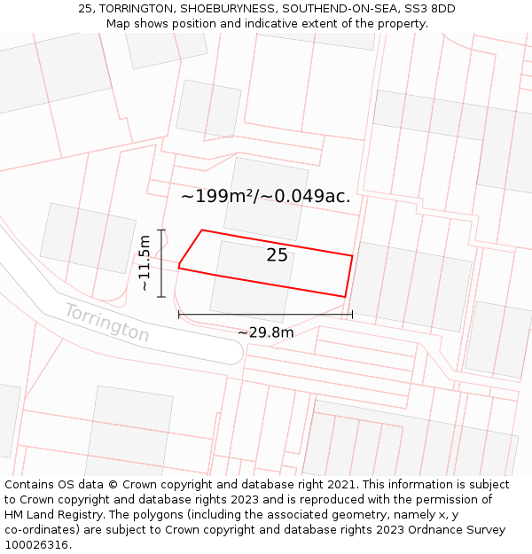 25, TORRINGTON, SHOEBURYNESS, SOUTHEND-ON-SEA, SS3 8DD: Plot and title map