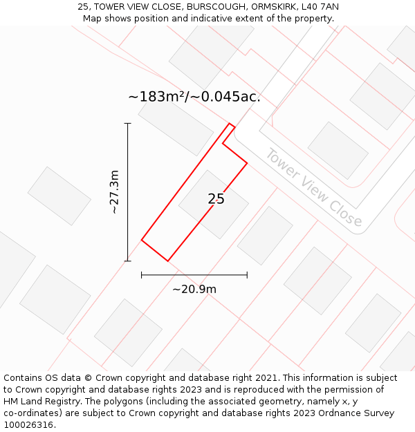 25, TOWER VIEW CLOSE, BURSCOUGH, ORMSKIRK, L40 7AN: Plot and title map