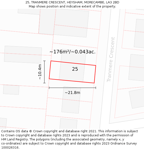25, TRANMERE CRESCENT, HEYSHAM, MORECAMBE, LA3 2BD: Plot and title map