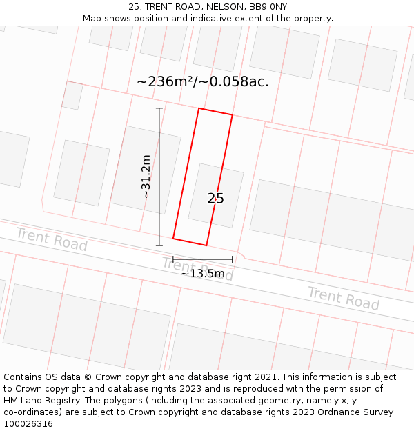 25, TRENT ROAD, NELSON, BB9 0NY: Plot and title map