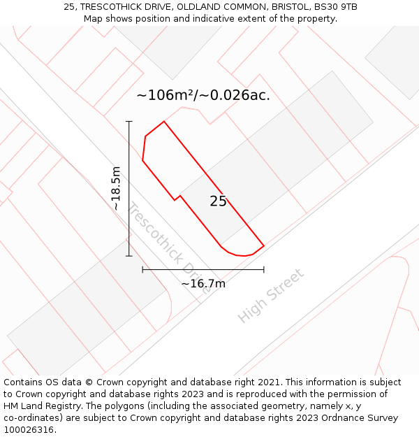 25, TRESCOTHICK DRIVE, OLDLAND COMMON, BRISTOL, BS30 9TB: Plot and title map