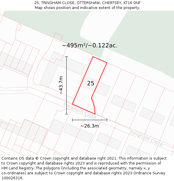 25, TRINGHAM CLOSE, OTTERSHAW, CHERTSEY, KT16 0NF: Plot and title map
