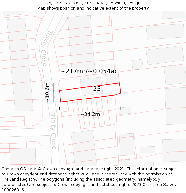 25, TRINITY CLOSE, KESGRAVE, IPSWICH, IP5 1JB: Plot and title map