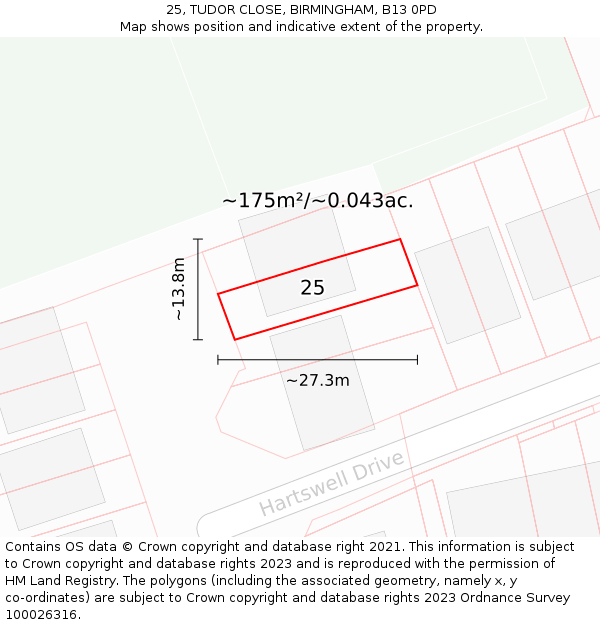 25, TUDOR CLOSE, BIRMINGHAM, B13 0PD: Plot and title map