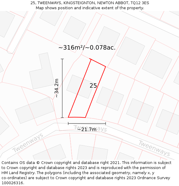 25, TWEENWAYS, KINGSTEIGNTON, NEWTON ABBOT, TQ12 3ES: Plot and title map