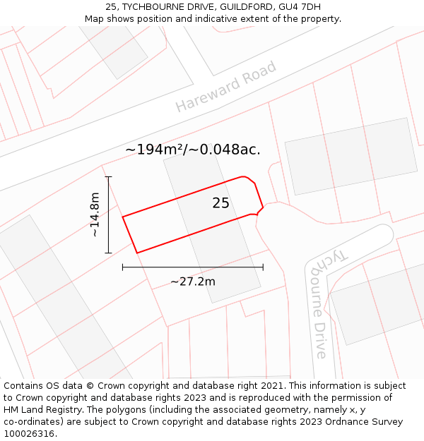25, TYCHBOURNE DRIVE, GUILDFORD, GU4 7DH: Plot and title map