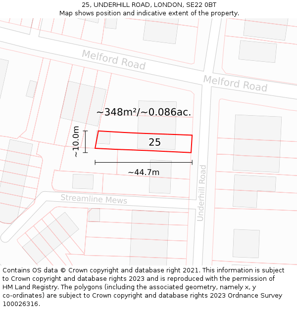 25, UNDERHILL ROAD, LONDON, SE22 0BT: Plot and title map