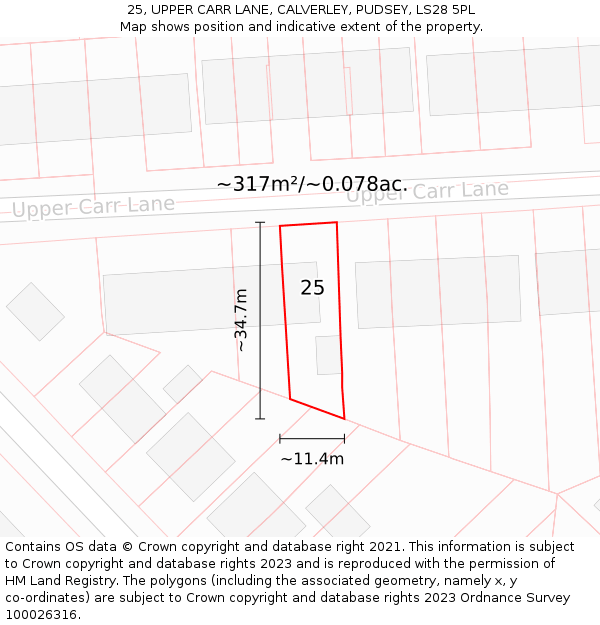 25, UPPER CARR LANE, CALVERLEY, PUDSEY, LS28 5PL: Plot and title map