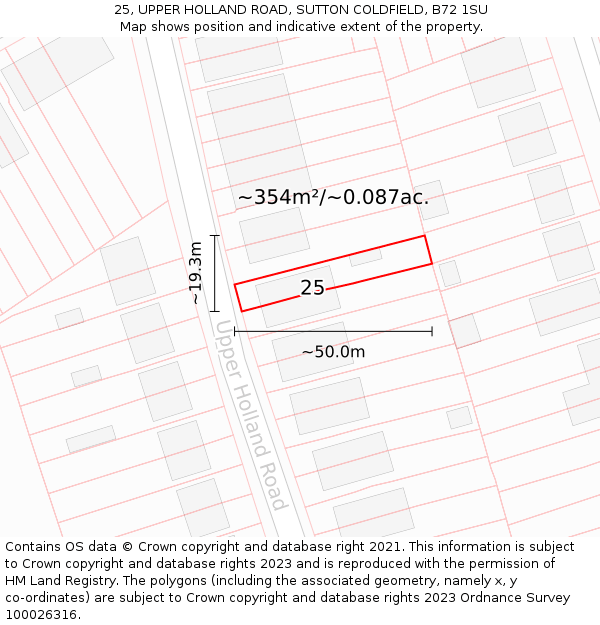 25, UPPER HOLLAND ROAD, SUTTON COLDFIELD, B72 1SU: Plot and title map