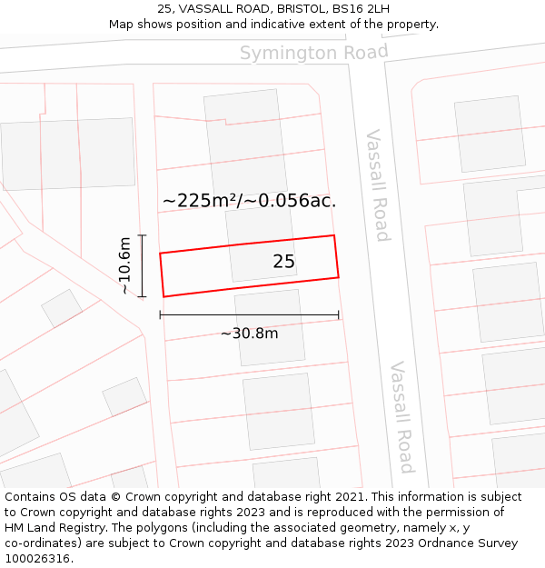 25, VASSALL ROAD, BRISTOL, BS16 2LH: Plot and title map