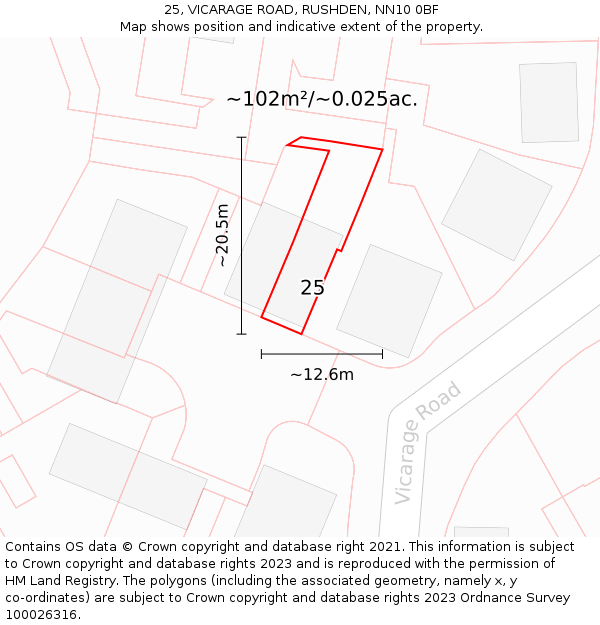 25, VICARAGE ROAD, RUSHDEN, NN10 0BF: Plot and title map