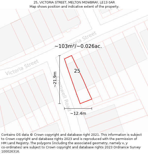 25, VICTORIA STREET, MELTON MOWBRAY, LE13 0AR: Plot and title map