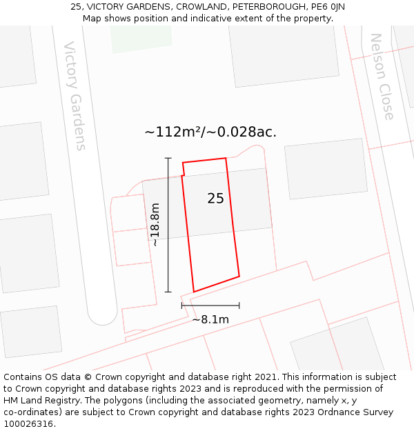 25, VICTORY GARDENS, CROWLAND, PETERBOROUGH, PE6 0JN: Plot and title map