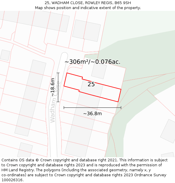 25, WADHAM CLOSE, ROWLEY REGIS, B65 9SH: Plot and title map