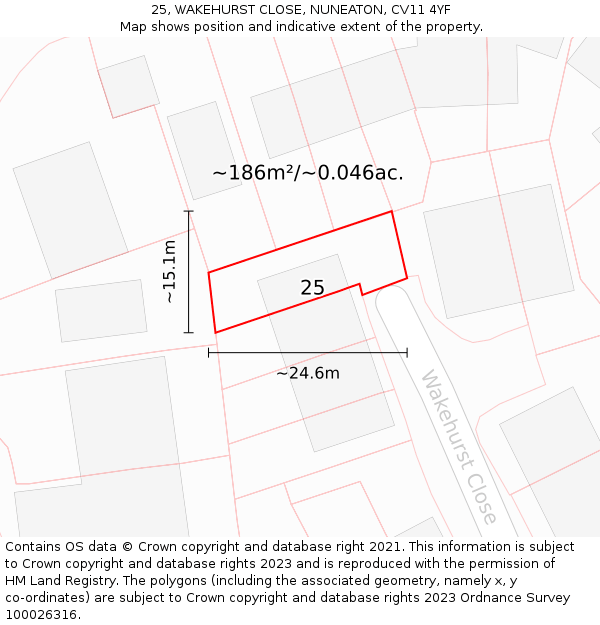 25, WAKEHURST CLOSE, NUNEATON, CV11 4YF: Plot and title map