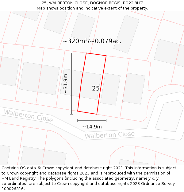 25, WALBERTON CLOSE, BOGNOR REGIS, PO22 8HZ: Plot and title map