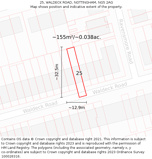 25, WALDECK ROAD, NOTTINGHAM, NG5 2AG: Plot and title map