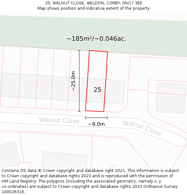25, WALNUT CLOSE, WELDON, CORBY, NN17 3EE: Plot and title map