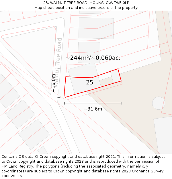 25, WALNUT TREE ROAD, HOUNSLOW, TW5 0LP: Plot and title map