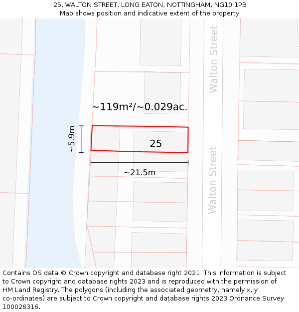 25, WALTON STREET, LONG EATON, NOTTINGHAM, NG10 1PB: Plot and title map