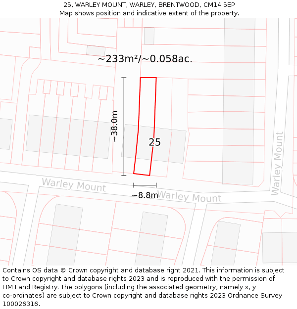 25, WARLEY MOUNT, WARLEY, BRENTWOOD, CM14 5EP: Plot and title map