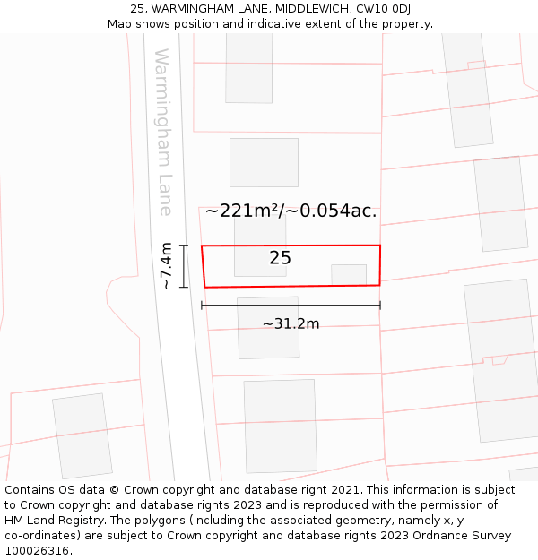 25, WARMINGHAM LANE, MIDDLEWICH, CW10 0DJ: Plot and title map