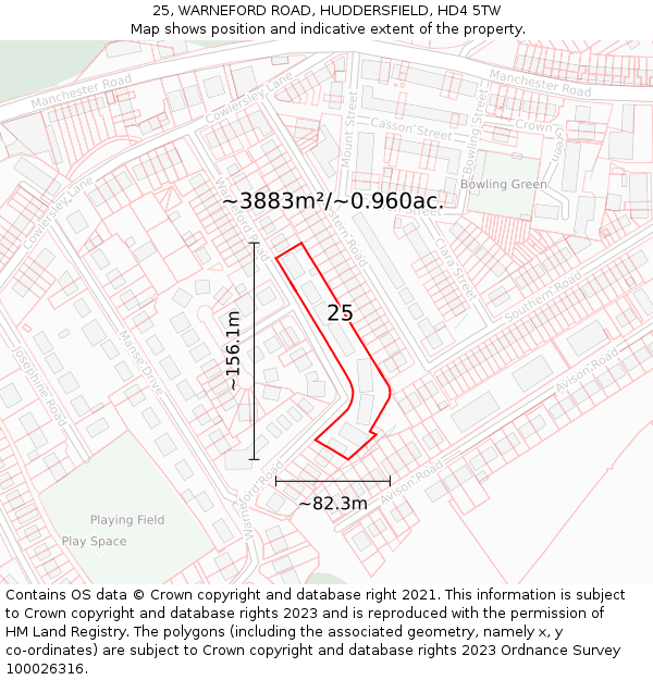 25, WARNEFORD ROAD, HUDDERSFIELD, HD4 5TW: Plot and title map