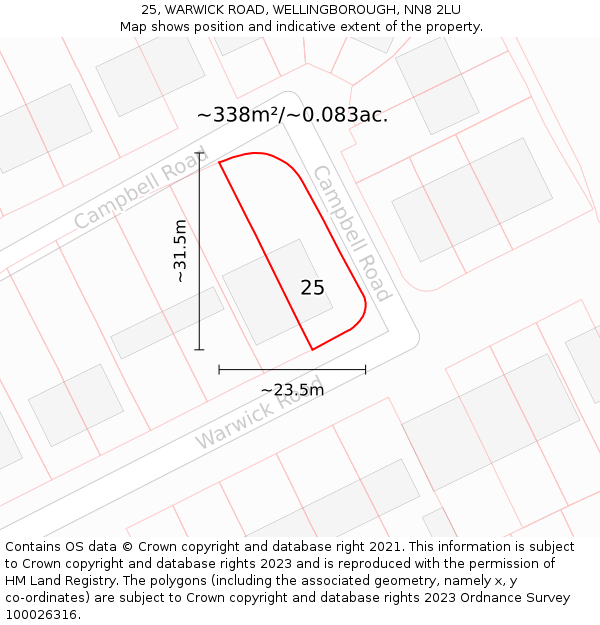 25, WARWICK ROAD, WELLINGBOROUGH, NN8 2LU: Plot and title map