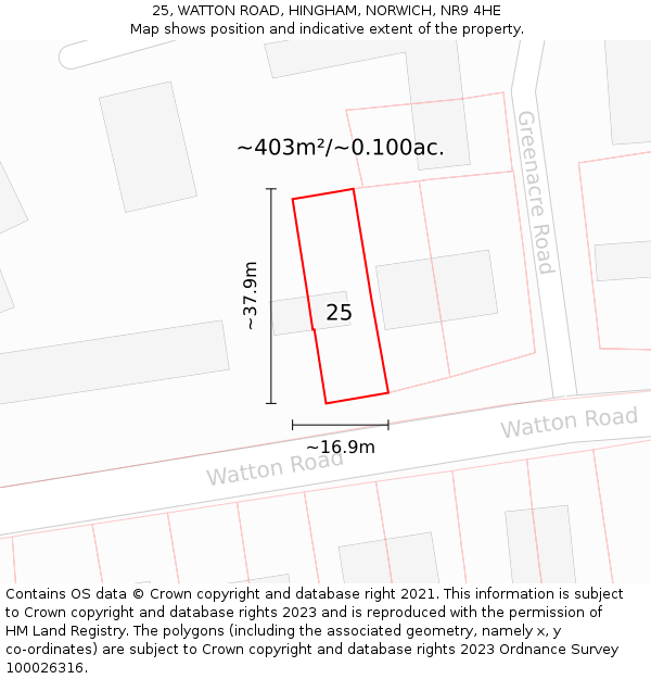 25, WATTON ROAD, HINGHAM, NORWICH, NR9 4HE: Plot and title map