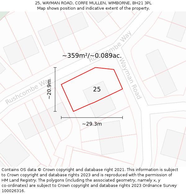 25, WAYMAN ROAD, CORFE MULLEN, WIMBORNE, BH21 3PL: Plot and title map
