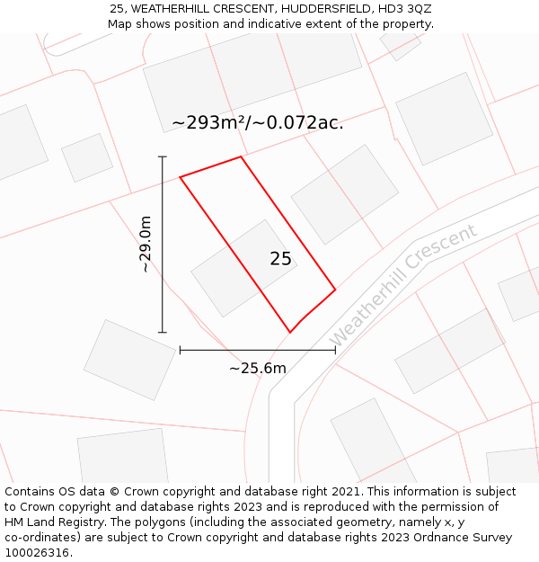 25, WEATHERHILL CRESCENT, HUDDERSFIELD, HD3 3QZ: Plot and title map